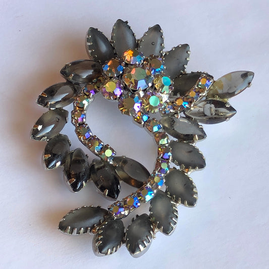 1950’s 3-Pc Smokey Glass Marquis Stone and Aurora Borealis Unsigned Juliana Style Cocktail Brooch and Clip Earring Set