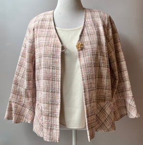 2PC Caroline Rose Blush/Ivory Light Tweed Jacket & Sleeveless Blouse Set, Size: M