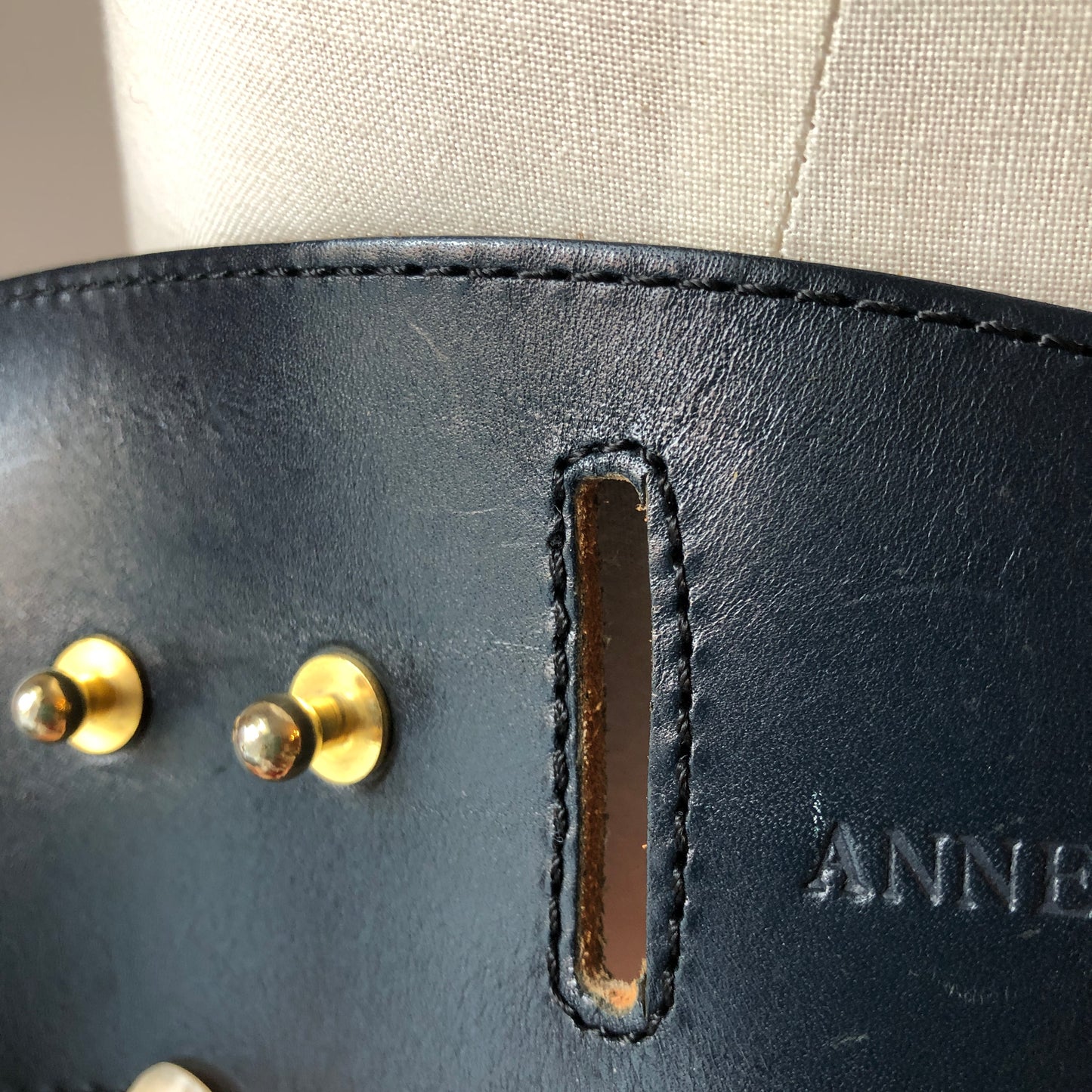 1980’s Anne Marie Beretta Wide Navy Leather Architectural Waist Belt, Size Small-Med