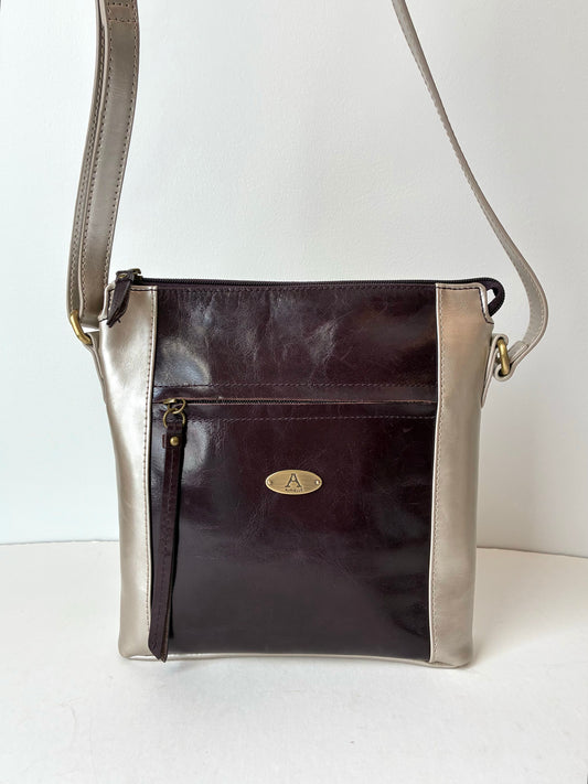 Aurielle Colorblock Metallic Silver & Chocolate Brown Shiny Leather Crossbody Bag