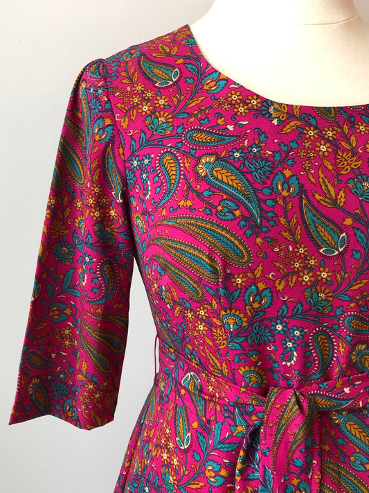 Hand Made Teal & Magenta Paisley Rayon Layered Pleat Bottom Dress, Size Large (14)