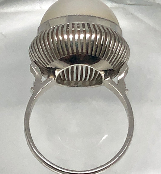 Vintage 14K White Gold Basket Set Mabé Pearl Ring, Size 6.25