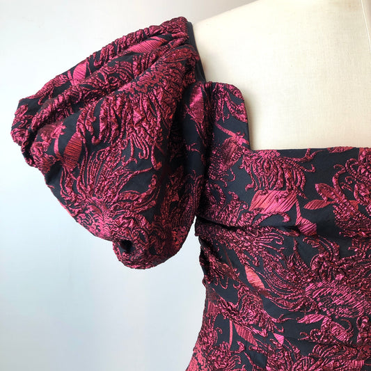 Pre-Owned NWT Lela Rose Navy & Pink Metallic Sunflower Jacquard Puff Sleeve Sheath Dress , Size 12
