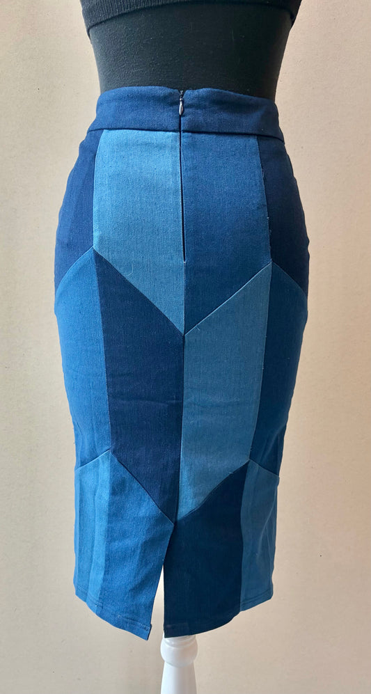 Gracia Blue Patchwork Pencil Skirt - Size Small