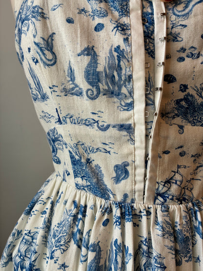Avec Les Filles Nautical Themed Toile Print Linen Blend Fit-n-Flare Dress, Size Medium