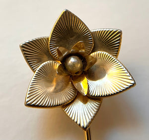 Vintage Carved Metal Flower on Stem Pin with Faux Pearl Center