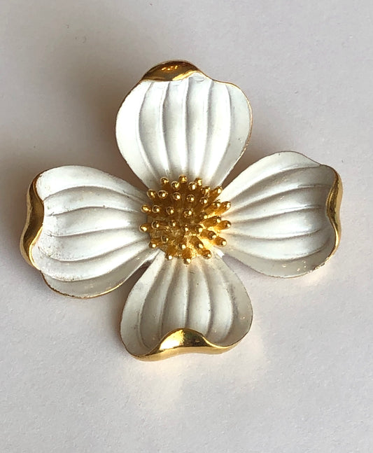 1960’s Signed Crown Trifari Enamel & Gold-Tone Dogwood Brooch