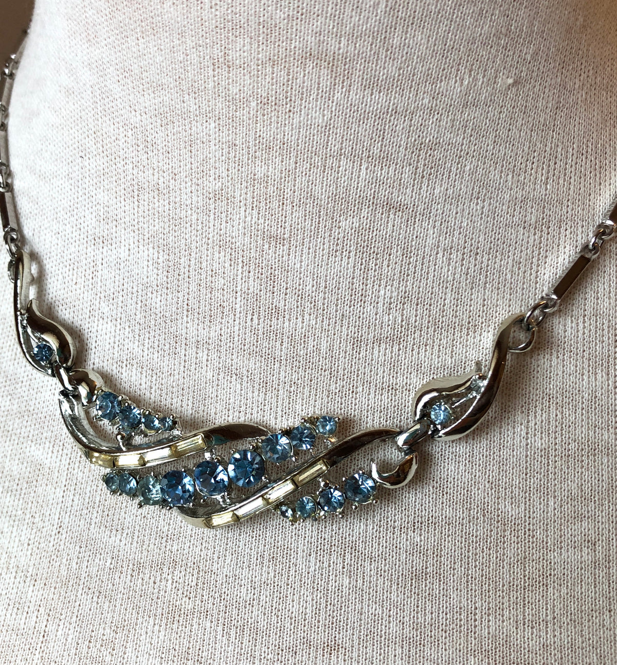 Mid Century Coro Baguette & Round Rhinestone Swirl and Bar Link Choker, 14-17”