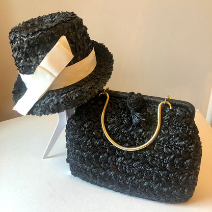 1960’s Betmar Black Straw Fedora with White Grosgrain Band & Bow, Size Small