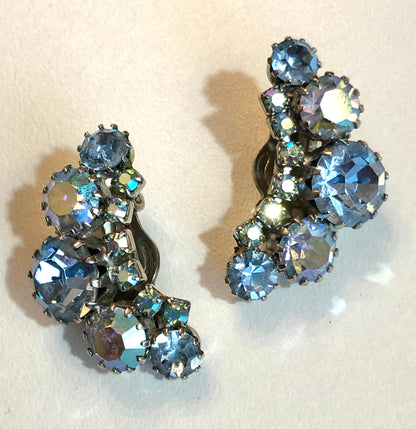 1950’s Weiss Aurora Borealis Rhinestone Crescent Shape Clip On Earrings