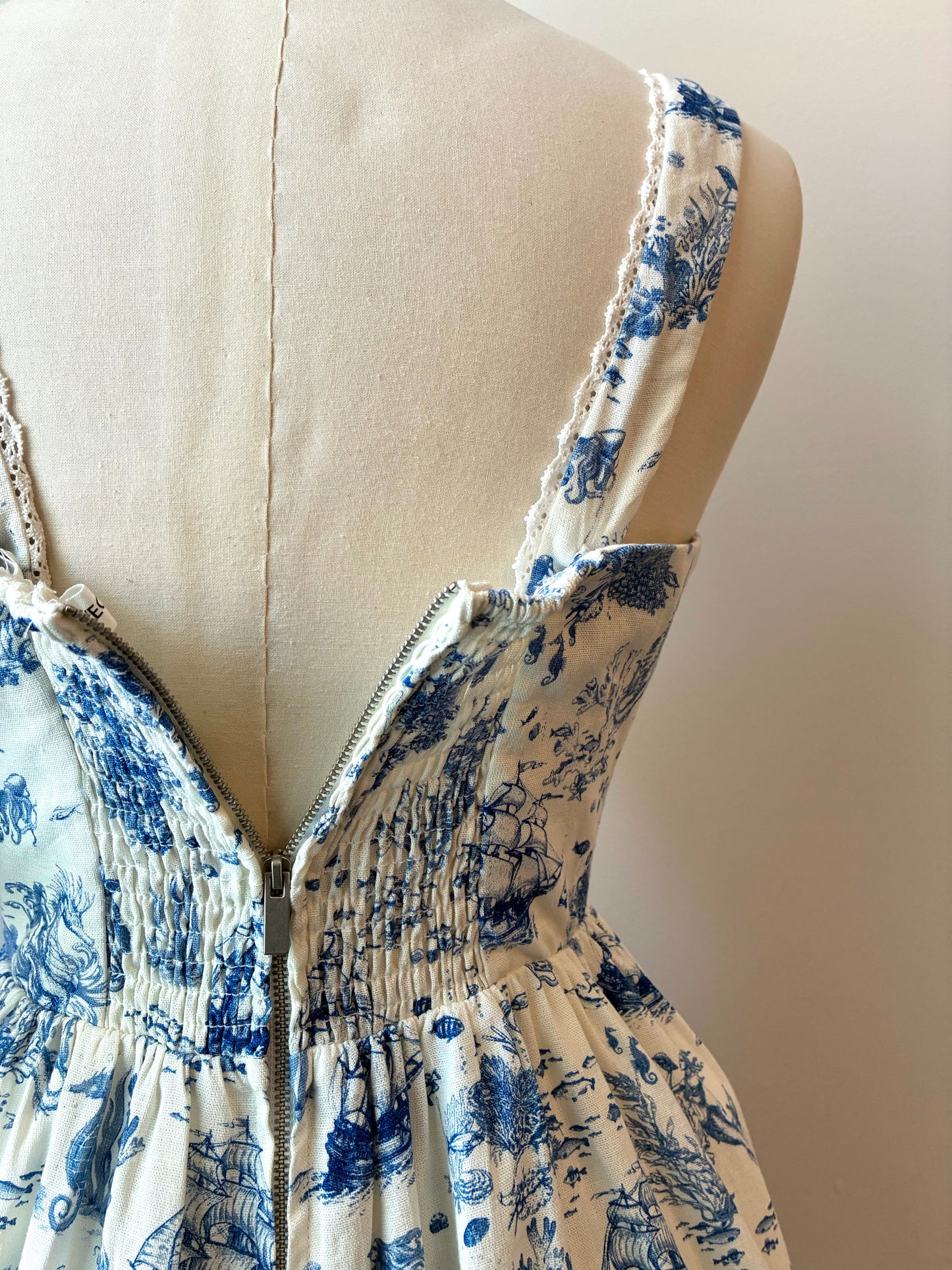 Avec Les Filles Nautical Themed Toile Print Linen Blend Fit-n-Flare Dress, Size Medium