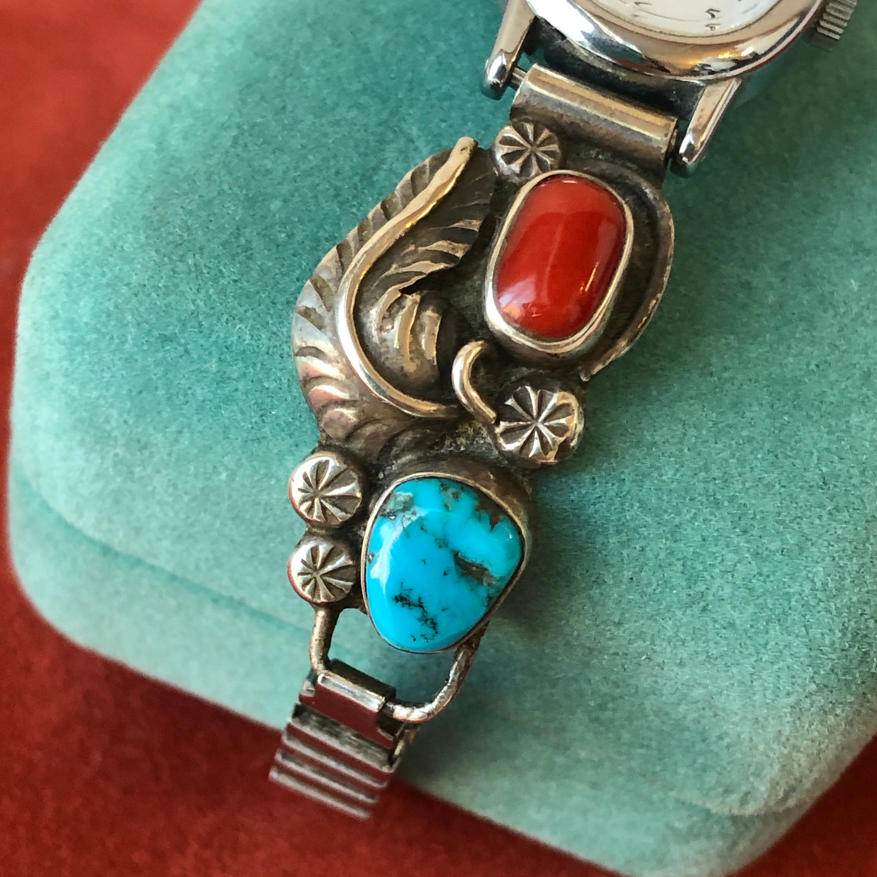 Vintage Timex Southwestern Style Sterling, Coral, and Turquoise Ladies Watch