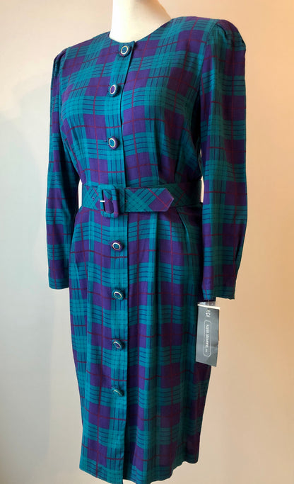 1980’s Deadstock Karin Stevens Plaid Rayon Fitted Shirt Dress with Belt, Size 12