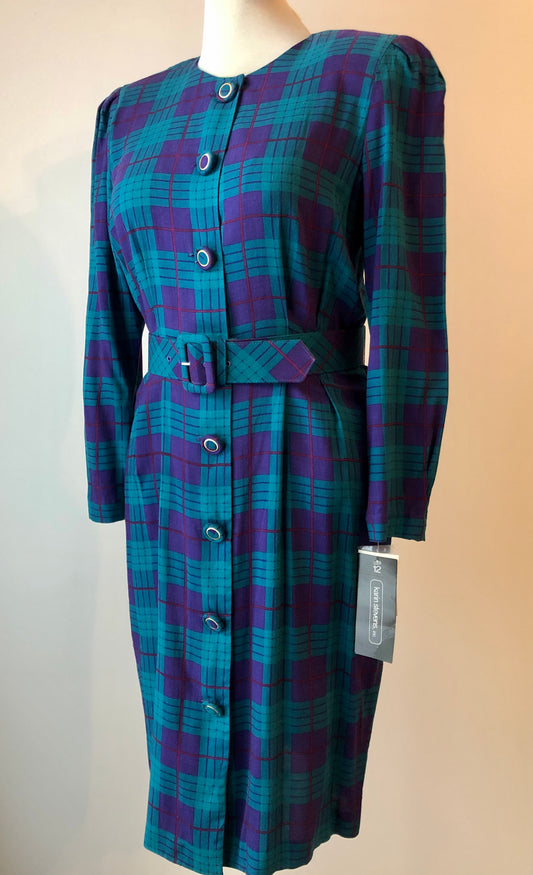 1980’s Deadstock Karin Stevens Plaid Rayon Fitted Shirt Dress with Belt, Size 12