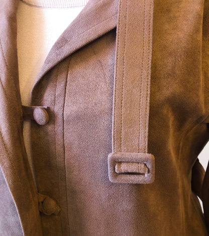 1970’s Hannelore Cocoa Brown Faux Suede Trench Coat, Size 12