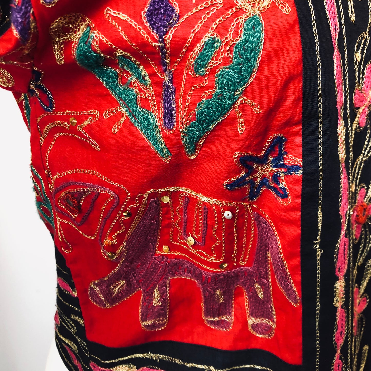 Vintage Passports Artisan Embroidered Elephant/Bird 100% Cotton Cropped Jacket, Size Large