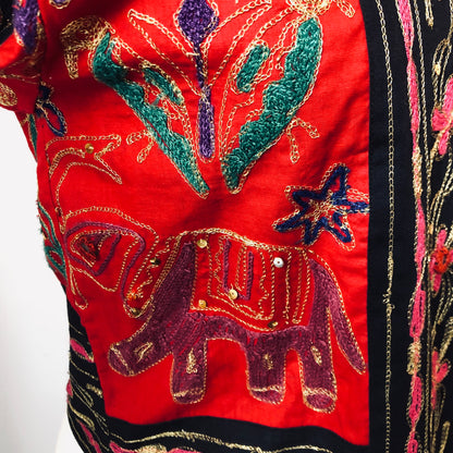 Vintage Passports Artisan Embroidered Elephant/Bird 100% Cotton Cropped Jacket, Size Large