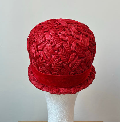 1960’s Woven Straw Cloche Hat with Velvet Band and Bow, Size Small-Med