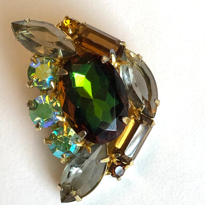 Mid Century Unsigned Juliana Style Faceted Deep Green, Smokey, and Aurora Borealis Rhinestone Clip Earrings