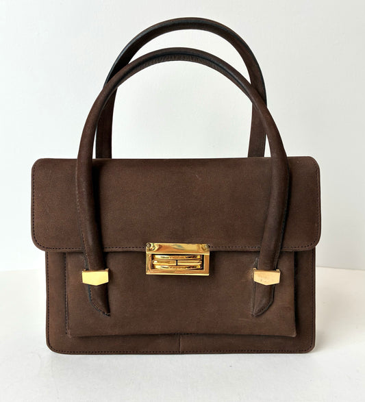 1960’s Areito Brown Suede  & Gold-tone Accordion Double Handled Box Handbag