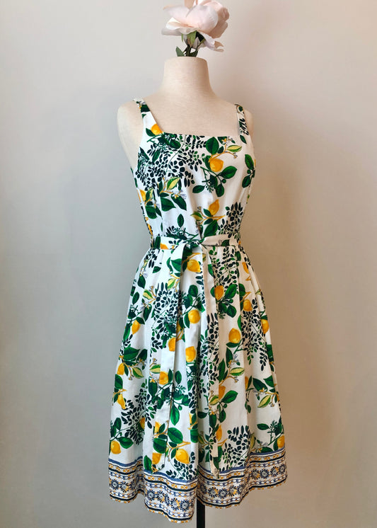 Roz & Ali 100% Cotton Lemon Print Fit-n-Flare Belted Sundress, Size 4/6