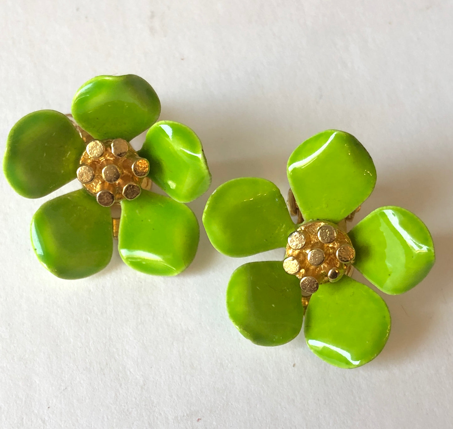 Mid Century Lime Green Enamel on Metal Floral Brooch & Clip Earring Set