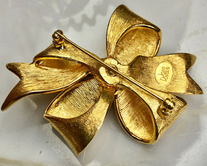Vintage Signed Joan Rivers Enamel on Carved Metal Ribbon Brooch