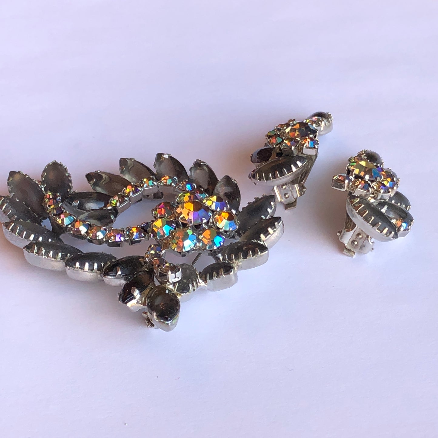 1950’s 3-Pc Smokey Glass Marquis Stone and Aurora Borealis Unsigned Juliana Style Cocktail Brooch and Clip Earring Set