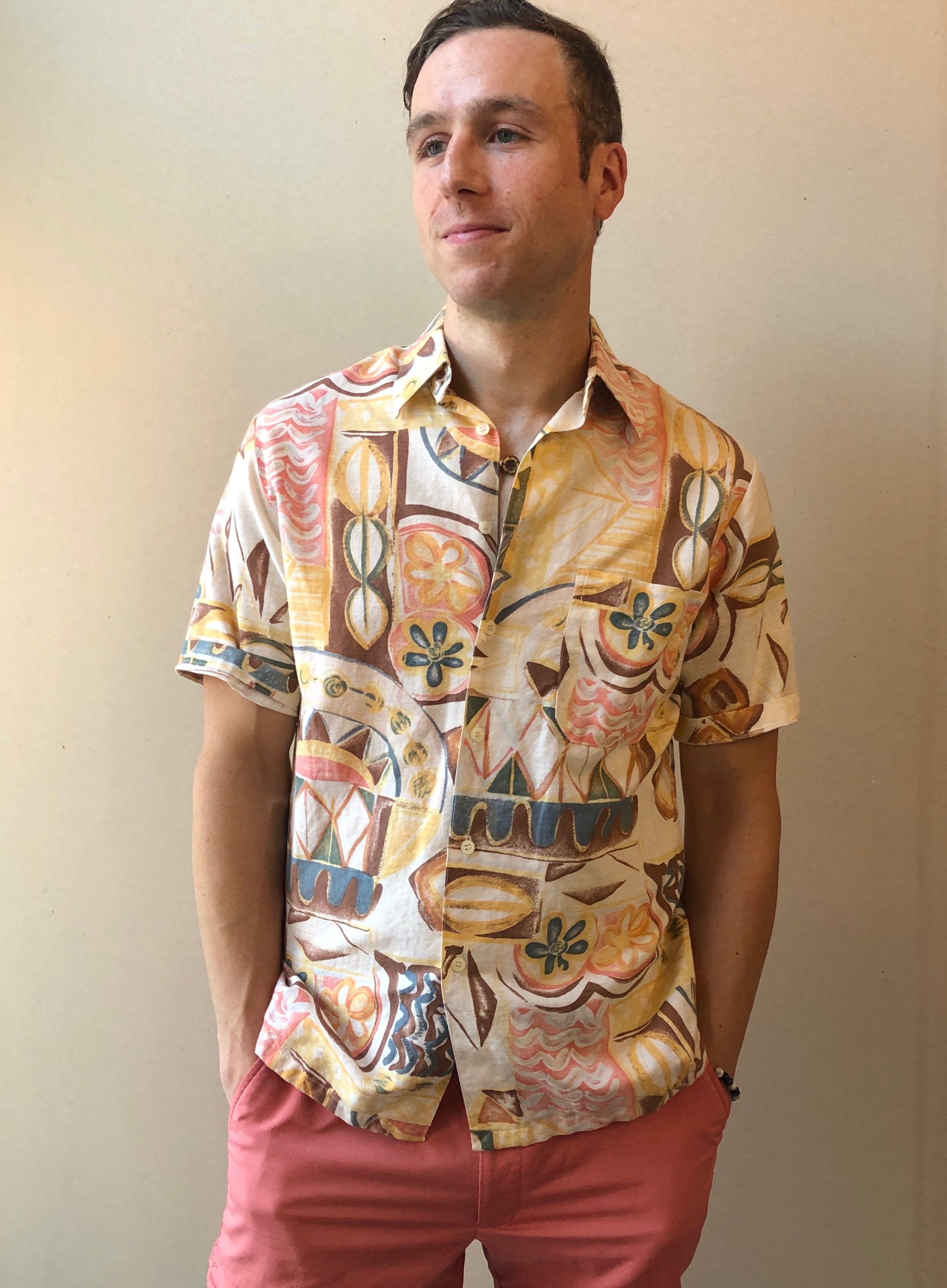 80/90’s D’Accord Island Print Linen Shirt, Size Men’s Medium