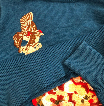 3-Shun Beaded Embroidered Bird, Snake, Floral Banded Sweater, Size Med-Large