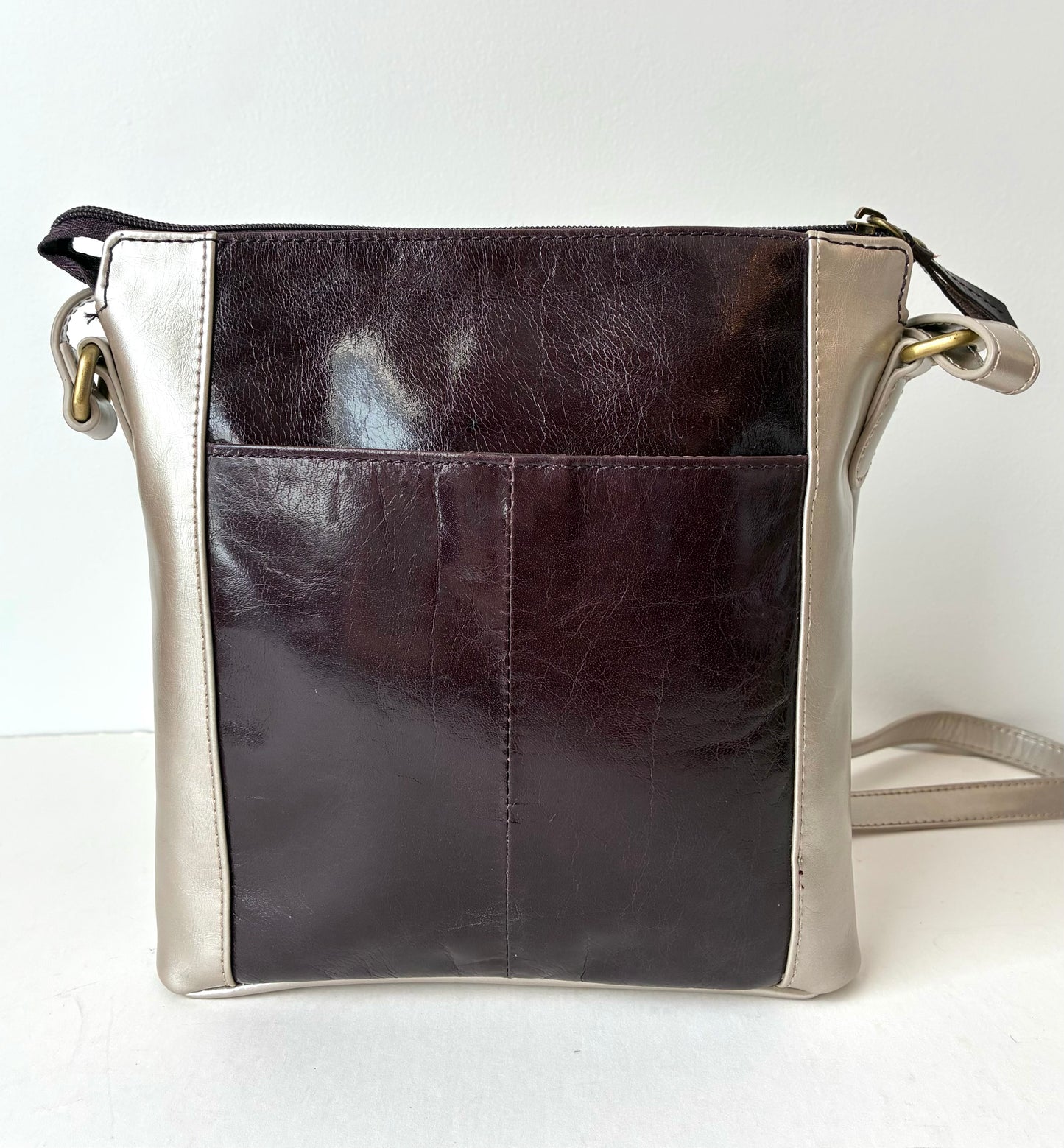 Aurielle Colorblock Metallic Silver & Chocolate Brown Shiny Leather Crossbody Bag