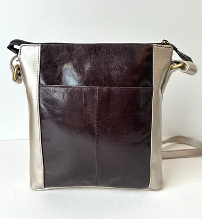 Aurielle Colorblock Metallic Silver & Chocolate Brown Shiny Leather Crossbody Bag