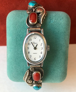 Vintage Timex Southwestern Style Sterling, Coral, and Turquoise Ladies Watch