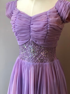1950’s Hand Sewn Beaded & Sequin Chiffon Party Dress, Size Medium