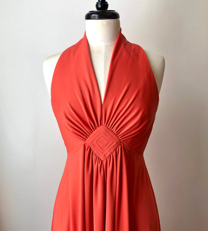 1970’s Goddess Style Poly knit Halter Maxi Dress, Size Medium (8)