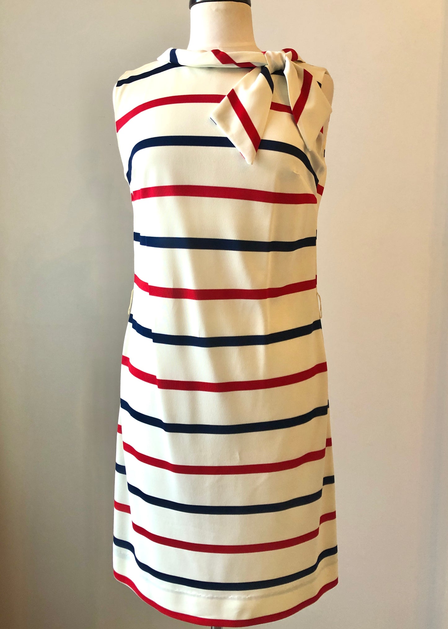 1960’s Red & Navy Striped Sheath Dress with Scarf Neckline and Fabric Belt, Size 8/10