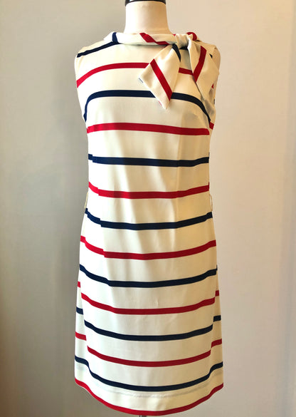 1960’s Red & Navy Striped Sheath Dress with Scarf Neckline and Fabric Belt, Size 8/10