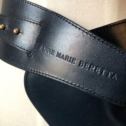 1980’s Anne Marie Beretta Wide Navy Leather Architectural Waist Belt, Size Small-Med