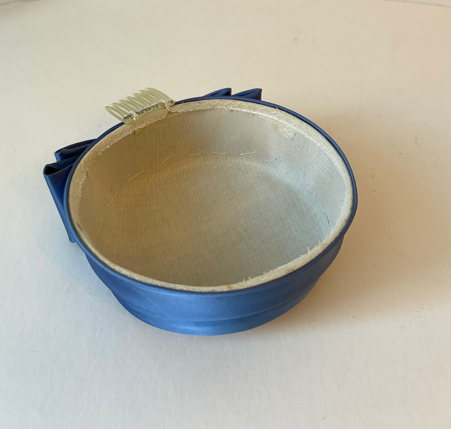 1950’s Blue Satin Pillbox Hat with Bow with Hat Box, Size Small