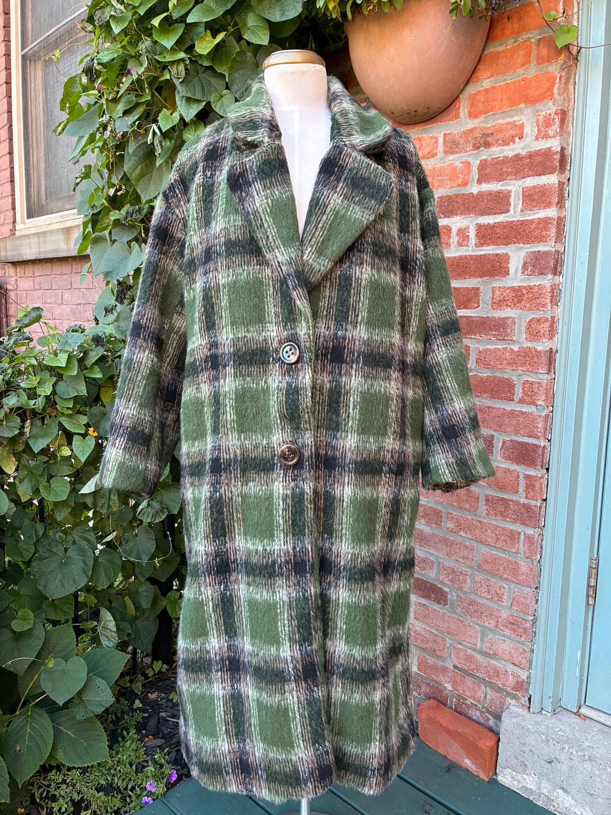 Pre-Owned Cali 1850 Green Mohair Plaid Coat, Size Small
