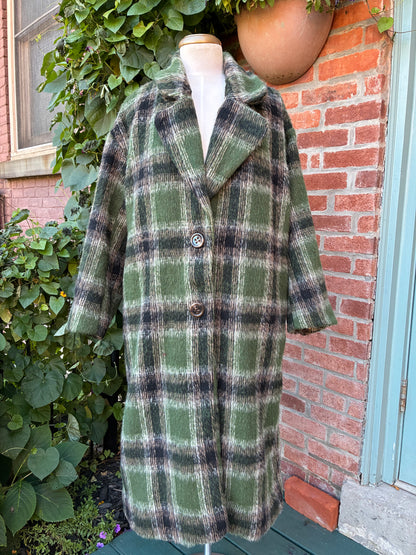 Pre-Owned Cali 1850 Green Mohair Plaid Coat, Size Small