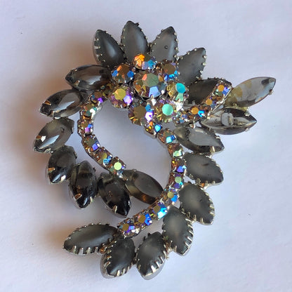1950’s 3-Pc Smokey Glass Marquis Stone and Aurora Borealis Unsigned Juliana Style Cocktail Brooch and Clip Earring Set