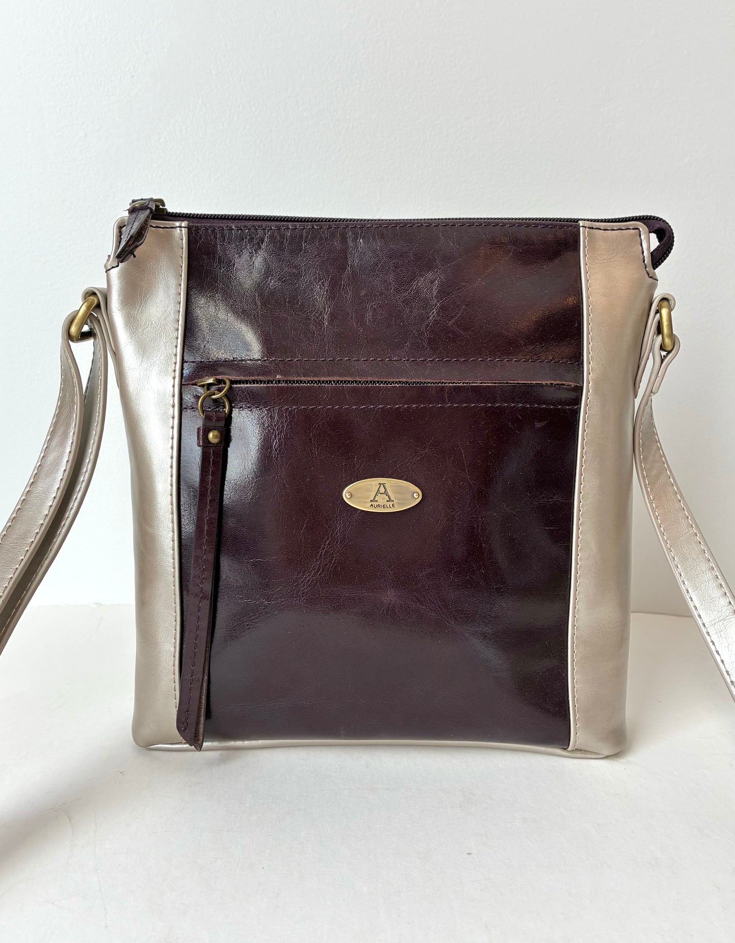 Aurielle Colorblock Metallic Silver & Chocolate Brown Shiny Leather Crossbody Bag