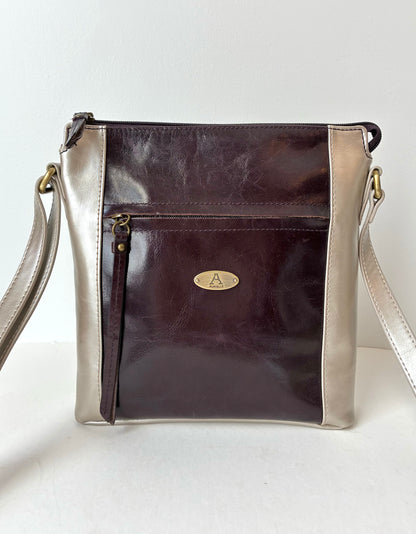 Aurielle Colorblock Metallic Silver & Chocolate Brown Shiny Leather Crossbody Bag