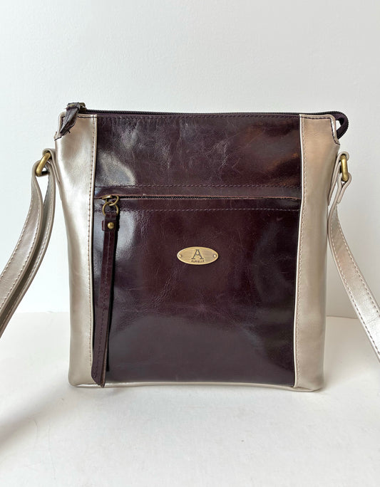 Aurielle Colorblock Metallic Silver & Chocolate Brown Shiny Leather Crossbody Bag