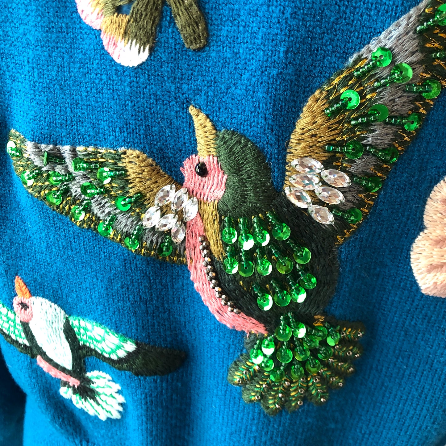3-Shun Beaded Embroidered Bird, Snake, Floral Banded Sweater, Size Med-Large