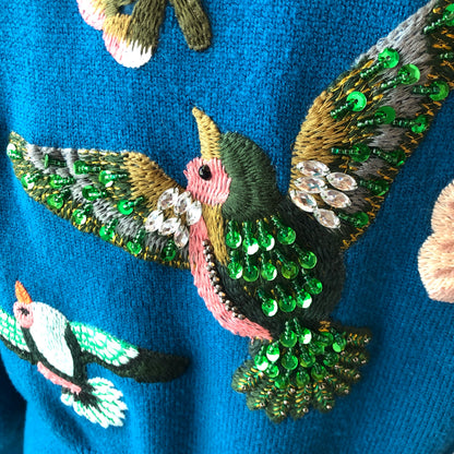 3-Shun Beaded Embroidered Bird, Snake, Floral Banded Sweater, Size Med-Large