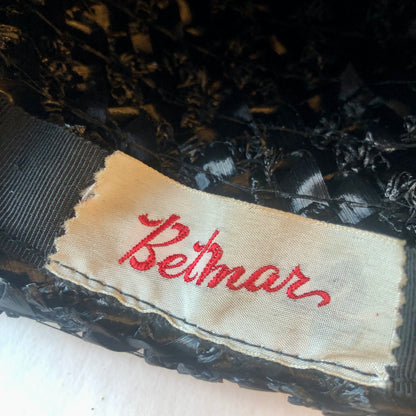 1960’s Betmar Black Straw Fedora with White Grosgrain Band & Bow, Size Small
