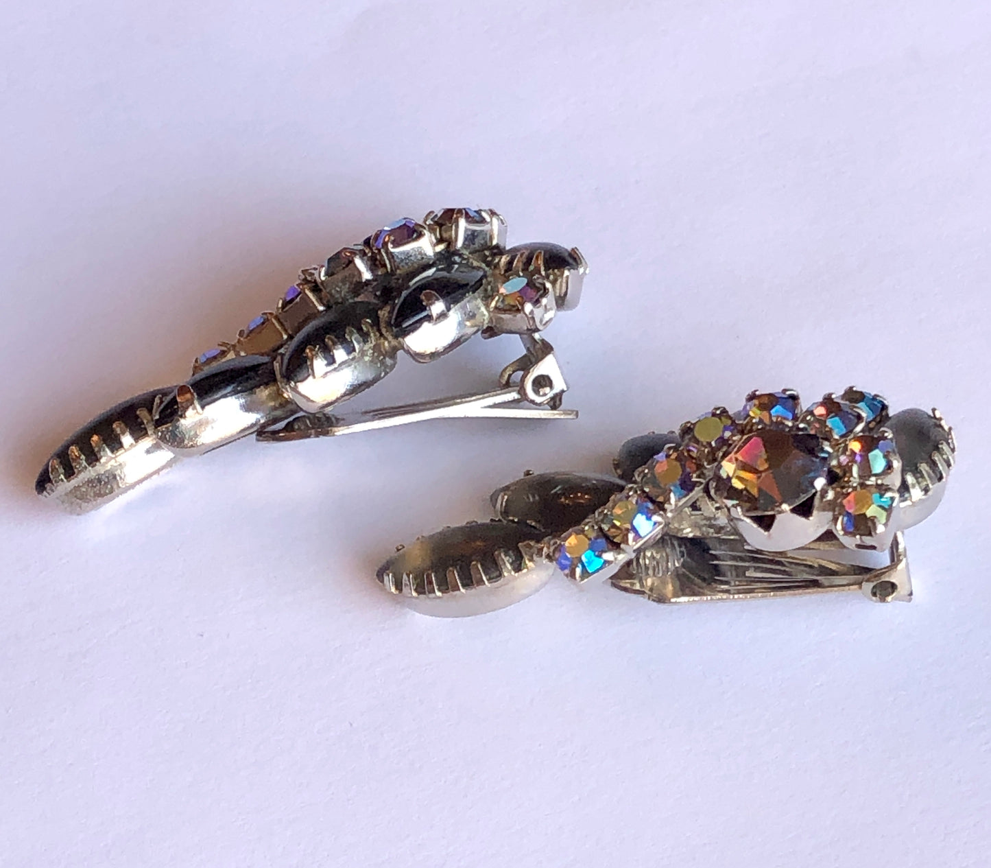 1950’s 3-Pc Smokey Glass Marquis Stone and Aurora Borealis Unsigned Juliana Style Cocktail Brooch and Clip Earring Set
