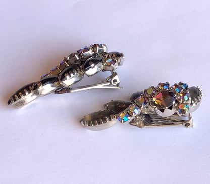 1950’s 3-Pc Smokey Glass Marquis Stone and Aurora Borealis Unsigned Juliana Style Cocktail Brooch and Clip Earring Set